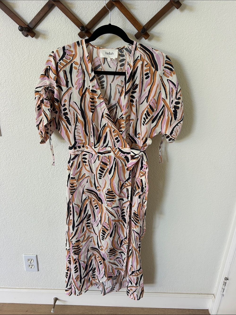 ba&sh Pink, Black and Tan Leaf-Print Wrap Dress